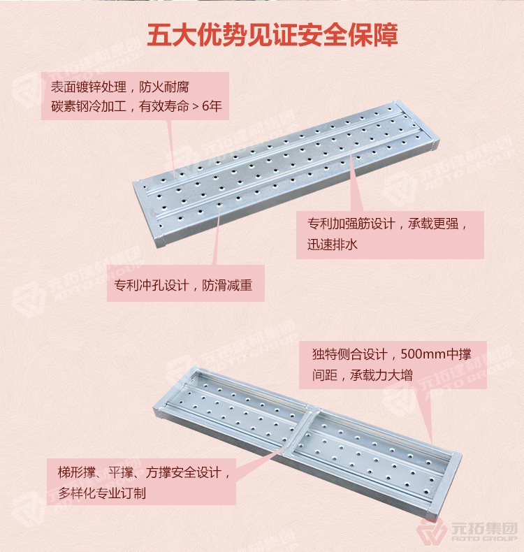 元拓 廠家批發(fā)臨汾鐵架板  五大優(yōu)勢見證安全保障，表面鍍鋅處理，防火耐腐，碳素鋼冷加工，壽
命大于6年，加強(qiáng)筋設(shè)計，專業(yè)沖孔，防滑設(shè)計，