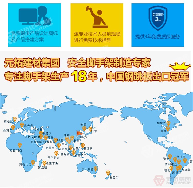 元拓建材集團(tuán)，安全腳手架制造專家！專注腳手架生
產(chǎn)18年，中國鋼跳板出口冠軍！